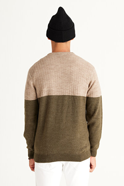 AC&Co / Altınyıldız Classics Beige-Khaki Standard Fit Regular Cut Crew Neck Colorblock Patterned Knitwear Sweater