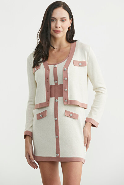 Sementa Block Color Dress Cardigan Knitwear Set - Rose