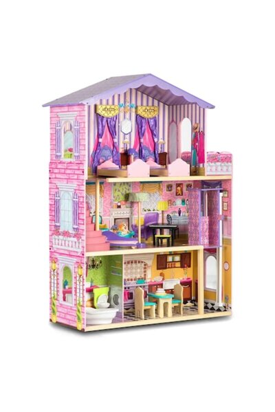 İSP Casă de păpuși din lemn LikeSmart RICO807, 3 etaje, 4 camere, 12 piese de...