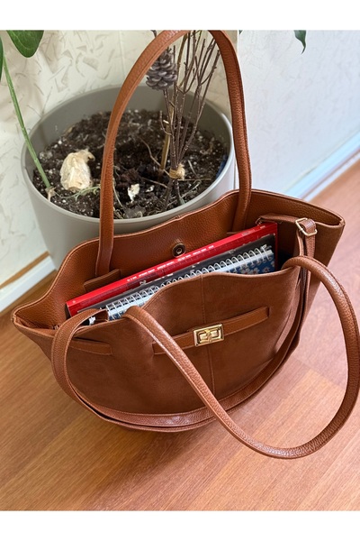 Bagnest Suede Women's Shoulder Bag with Lock Detail on the Front