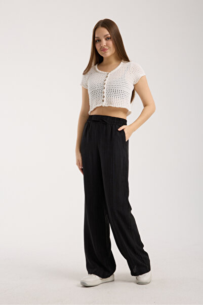 MRS.MODA Linen Fabric High Waist Striped Elastic and String Lace-Up Waist Detailed Trousers