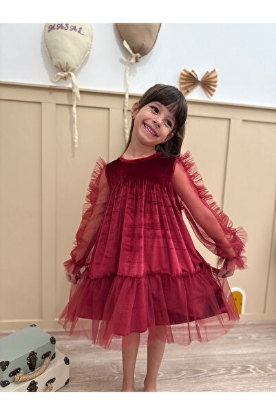 penu baby kids Burgundy Hem Ruffled Long Ruffle Tulle Sleeve Velvet Fabric Girls Kids Baby Girl Dress