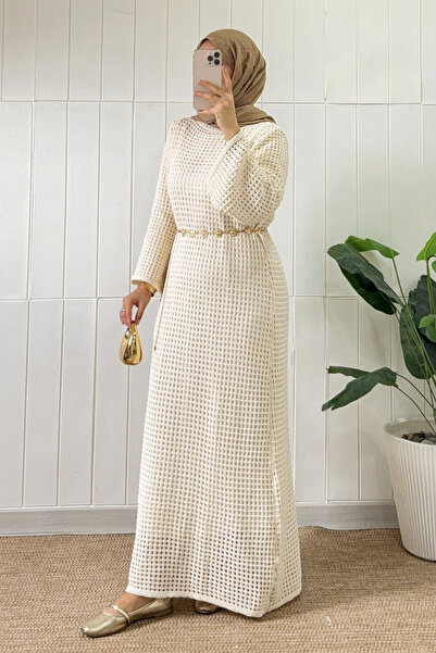 Salih Çelebi Lace-Like Knit Knitwear Dress 070336 - Ecru