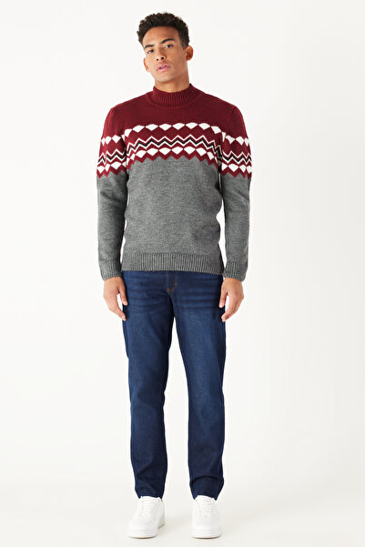 AC&Co / Altınyıldız Classics Claret Red Anthracite Standard Fit Half Turtleneck Fleece-Lined Soft Textured Knitwear Sweater