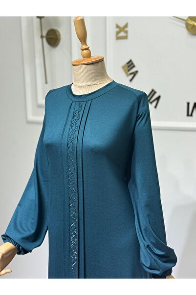 ModaMinar Women's Crystal Combed Cotton Fabric Piped Collar Stone Detailed Dress