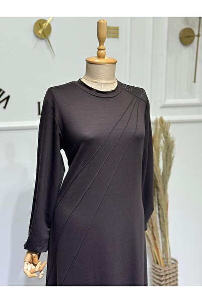 ModaMinar Women's Crystal Combed Cotton Fabric Piped Collar Stone Detailed Dress