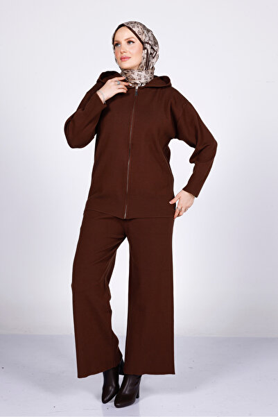 My City 44126 - Stylish Comfortable Soft Textured Knitwear Pants with Zipper, Hooded Cardigan Women's Set