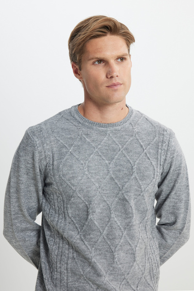 ALTINYILDIZ CLASSICS Gray Melange Standard Fit Regular Cut Crew Neck Fleece-Lined Soft Textured Knitwear Sweater