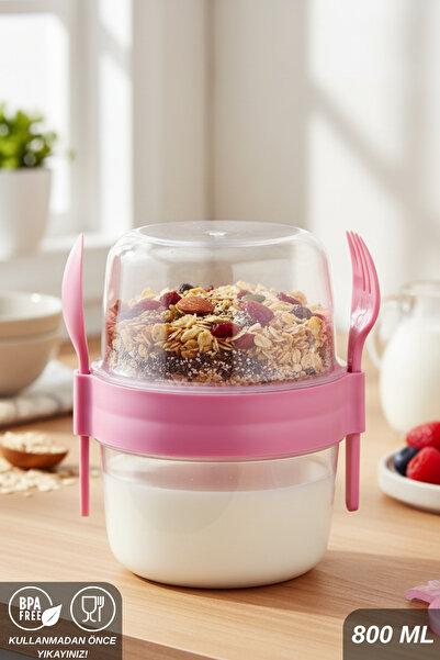 ELDİPA Medium Size 800 ml Diet Nutrition Container Double Compartment with Spoon for Muesli Yogurt Salad Carry Container