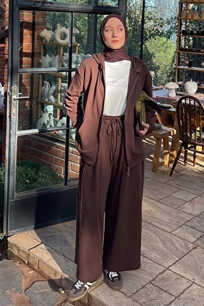 Ceylan Otantik Acı Kahve 3 Thread Long Zippered Tracksuit Set