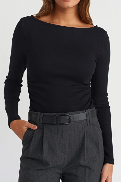 COOL TARZ Women's Wide Neckline Long Sleeve Cotton Textured Fit Basic Blouse