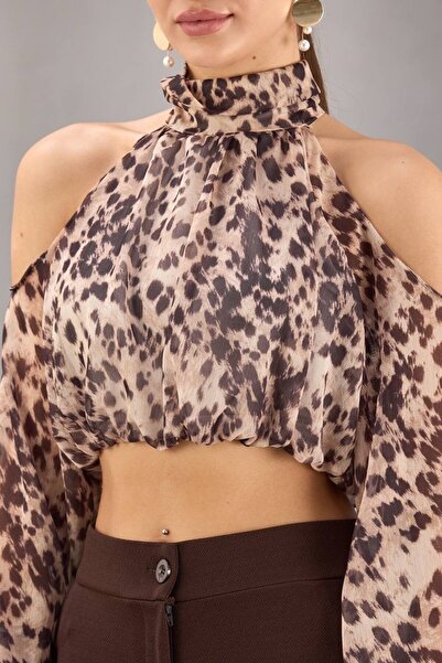 cemo Off-The-Shoulder Cropped Blouse High Neckline Animal Print Shirred Detail