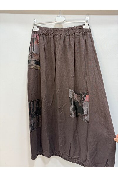 della moor Brown Italian Elastic Waist Long Linen Skirt