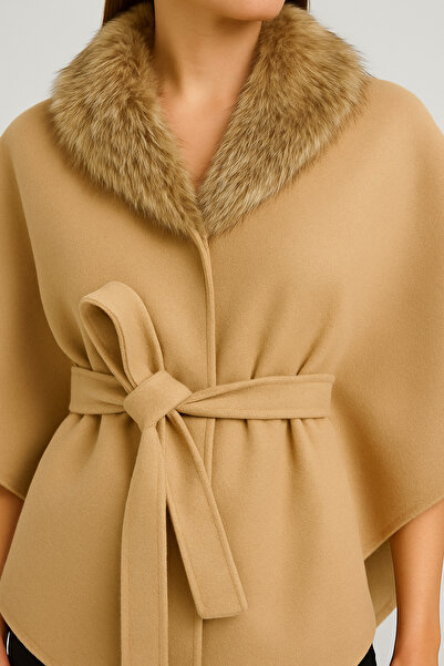 BEGBOR LİNGERİE Women's Fur Collar Poncho with Cashmere Belt – Stylish Winter Model