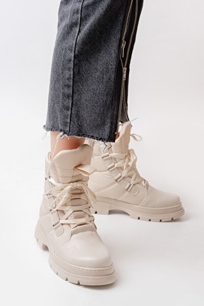 Zerenyus Beige Lace-Up Waterproof Women's Premium Snow Boots