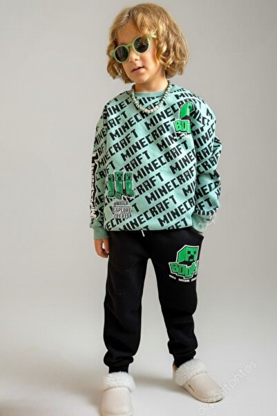 Patriko Boys' Winter New Season Summer Printed Inner Fleece Green-Black Color Tracksuit Bottom and Top Set