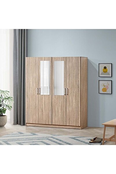 Danube Home خزانة ملابس فاخرة بأربعة أبواب مع مرآة - خشب بلوط سونوما الفرنسي - خشب هندسي، ضمان لمدة عامين