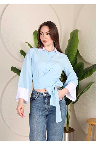 YEK&BİR Women's Spanish Sleeve Tie-Up Shirt with Belted Waist