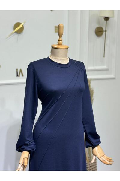 ModaMinar Women's Crystal Combed Cotton Fabric Piped Collar Stone Detailed Dress