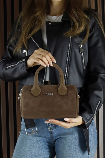 Erkan Saçmacı Light Brown Genuine Cowhide Suede Zippered Small Size Daily Shoulder Bag with Hanging Inner Pocket