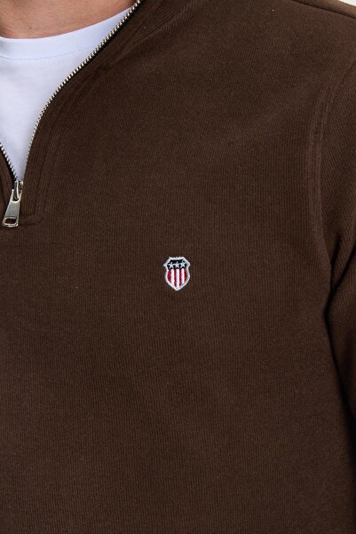 Tudors Men's Slim Fit Slim Fit Cotton Thessaloniki Fabric Mock Neck Brown Sweatshirt