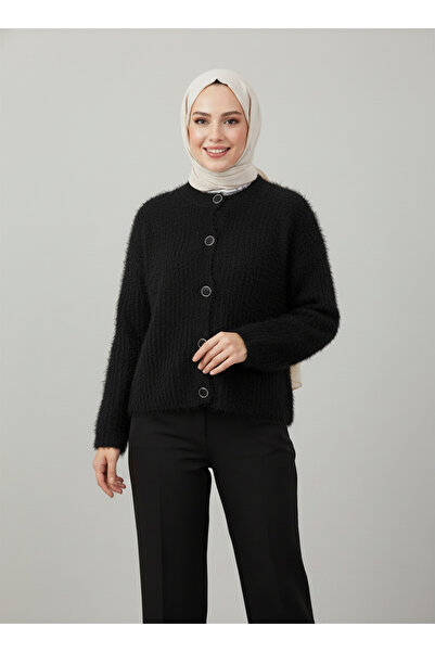 MİHRA STORE Dasia Oyuk Buttoned Bearded Short Cardigan-Zi̇7007 Black