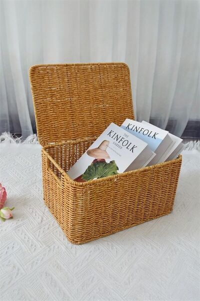 Bayev Crate 700789 Set of 3 Rattan Decorative Box Baskets with Lids - 3 Sizes Wicker Organizer Bins with Handles