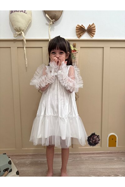 penu baby kids White Skirt with Ruffles at the Hem Long Ruffle Tulle Sleeve Velvet Fabric Girls Kids Baby Girl Dress