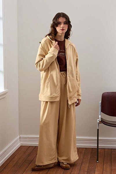 Ceylan Otantik Beige 3 Thread Long Zippered Tracksuit Set