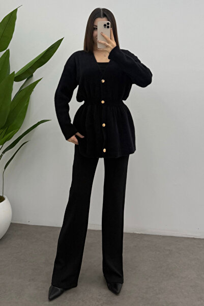 Ladima Women's Black Gold Snap Detailed Soft Knitwear Cardigan