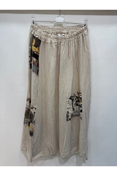 della moor Beige Italian Long Linen Skirt with Elastic Waist
