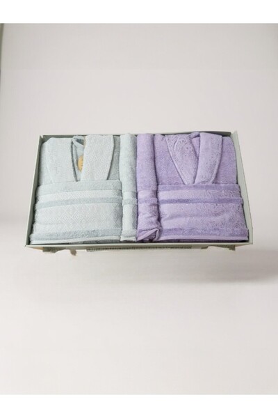Özdilek Dory and 6-Piece Bathrobe Set (Family) – Lilac-Grey 100% Cotton, Soft and Highly Water Absorbent