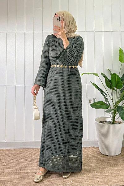 Salih Çelebi Lace-Like Knit Knitwear Dress 070336 - Khaki