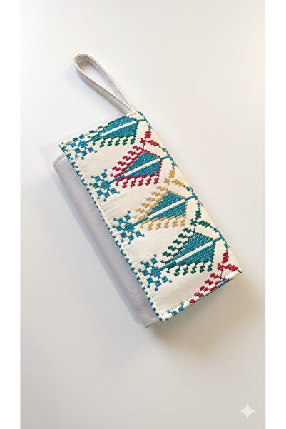 Zaytoon White Color Blue and Colorful Embroidered Snap Closure Women's Hand Wallet 19*11 cm A100022