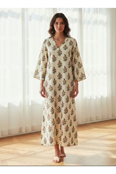 FAV فستان نوم بأكمام طويلة من القطن مطبوع