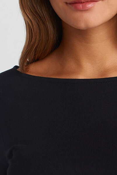 Tarz Cool Women's Wide Neckline Long Sleeve Stretchy Cotton Textured Fit Basic Blouse