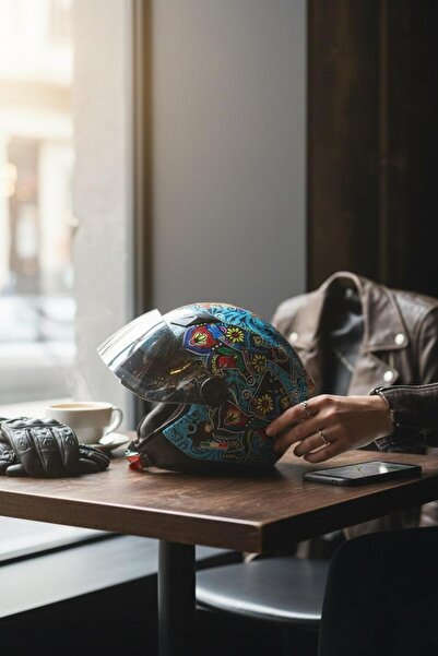 yyk SWAY SW 765 Mavi Bahçe Güneş Gözlüklü Yarım Motosiklet & Scooter Kask Aynalı Vizör