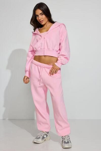 Madmext Pink Crop Hooded Zippered Women's Sweatshirt Mg2608