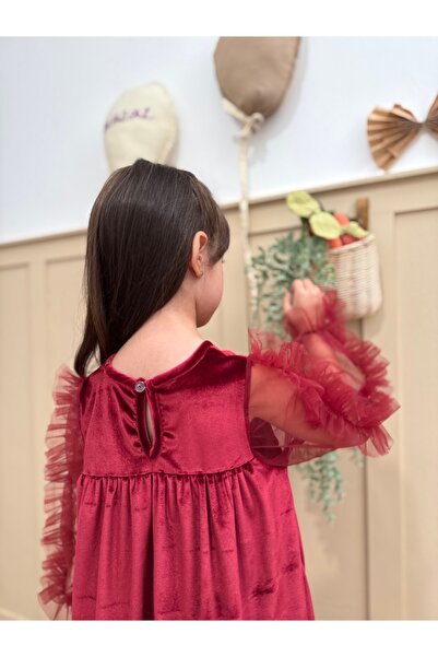 penu baby kids Burgundy Hem Ruffled Long Ruffle Tulle Sleeve Velvet Fabric Girls Kids Baby Girl Dress