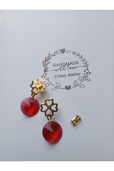 OEM Earrings with Swarovski Scarlet 12mm and 18K gold plated clover studs