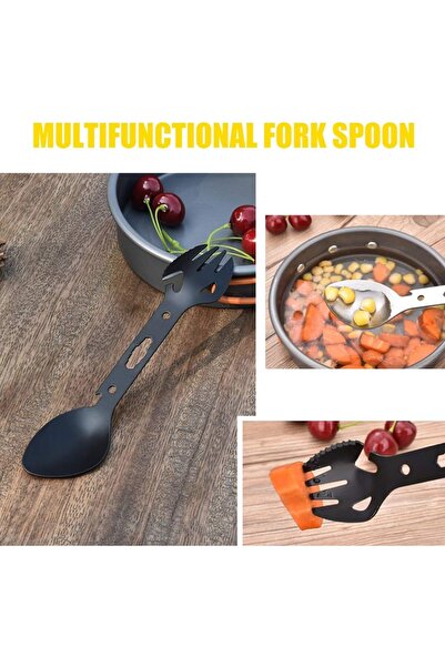 zola Tourist cutlery, 5 in 1, spoon/knife/fork/bottle/can opener, black, steel, 18x4x1.5 cm