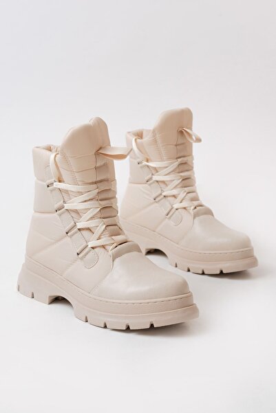 Zerenyus Beige Lace-Up Waterproof Women's Premium Snow Boots