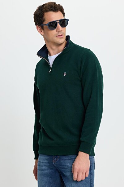 Tudors Men's Slim Fit Slim Fit Cotton Thessaloniki Fabric Mock Neck Green Sweatshirt