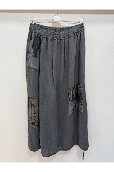 della moor Anthracite Italian Long Linen Skirt with Elastic Waist