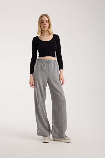 MRS.MODA Linen Fabric High Waist Striped Elastic and String Lace-Up Waist Detailed Trousers