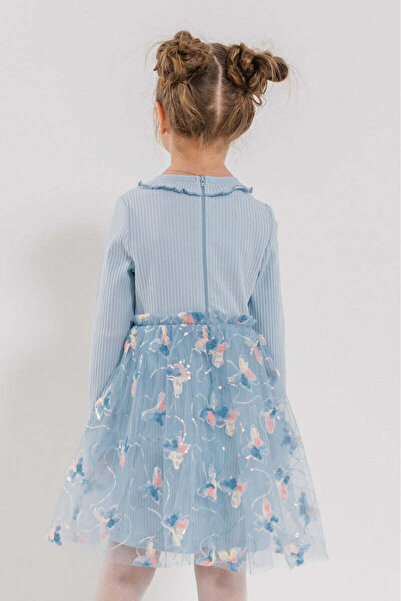 SOLLUXE ZHUZHANNA - Elegant cotton dress with embroidered tulle and butterflies, blue, 134