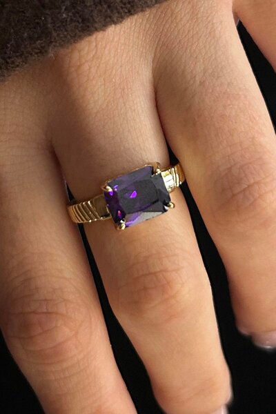 TAKIŞTIR Altın Renk Mor Taş Detaylı Ayarlanabilir Çelik Yüzük