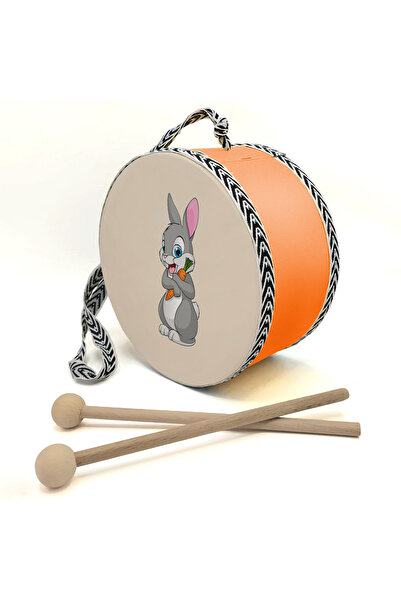 Souvenest طبلة أطفال جلدية من رابيت مطبوع - برتقالي 17سم |   طبلة برتقالية |   دي جي-تافسان