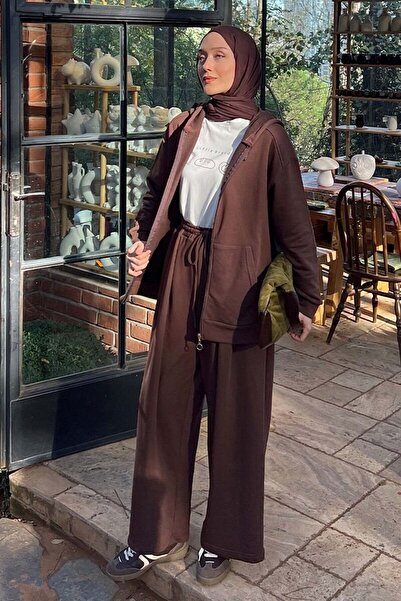 Ceylan Otantik Acı Kahve 3 Thread Long Zippered Tracksuit Set