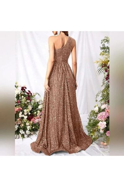 Justforjoyful ✨ Glamorous Rose Gold Sequin One-Shoulder Maxi Dress ✨